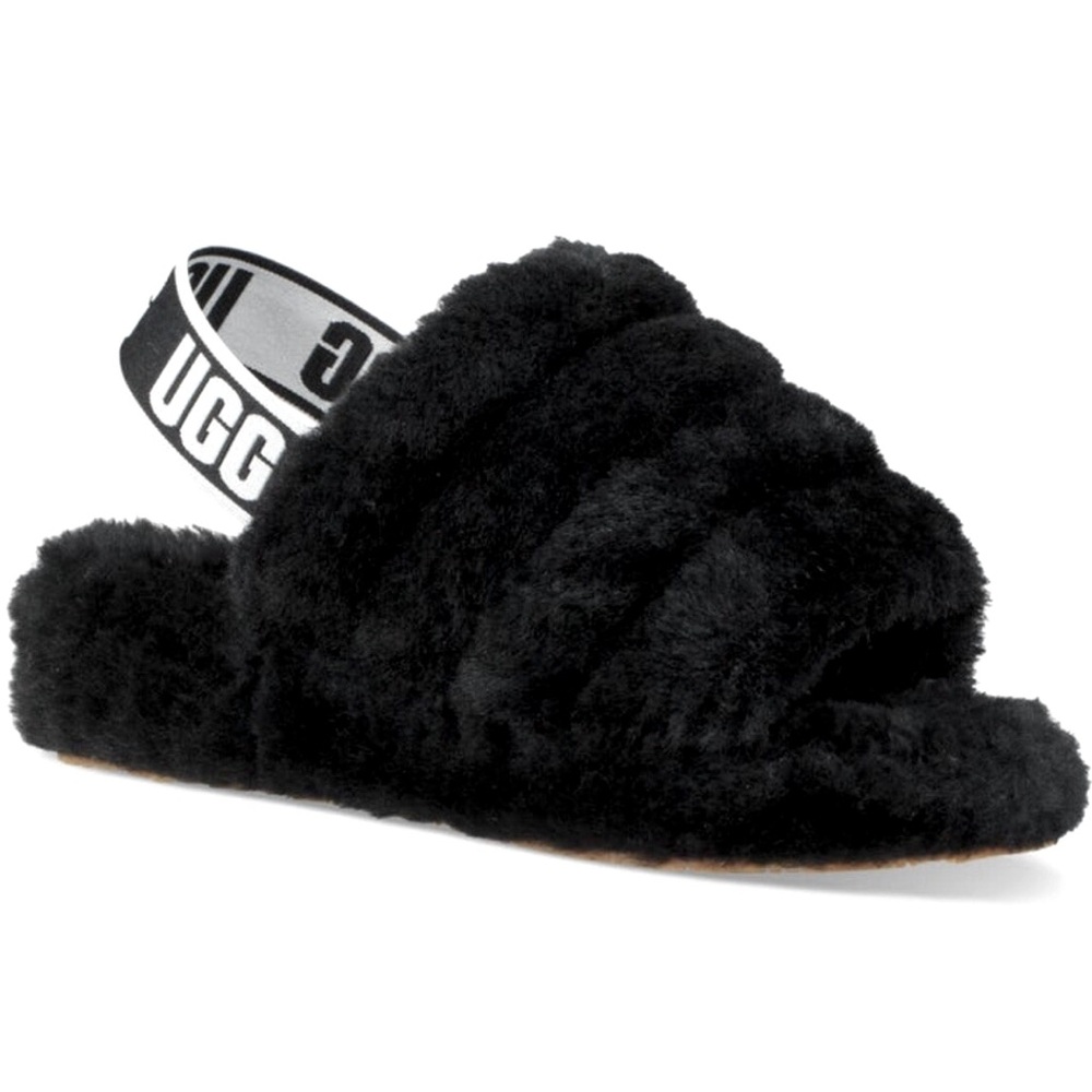 UGG Black Fluffy Yeah Slide Sandals with Logo Strap